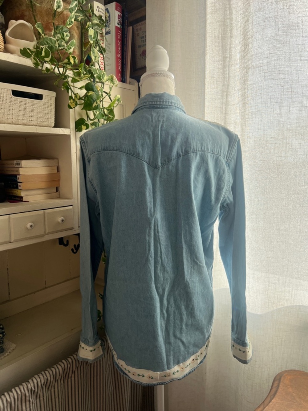 Levi denim button down shirt Upcycled antique embroidery cross stitch detail MED - Picture 6 of 8